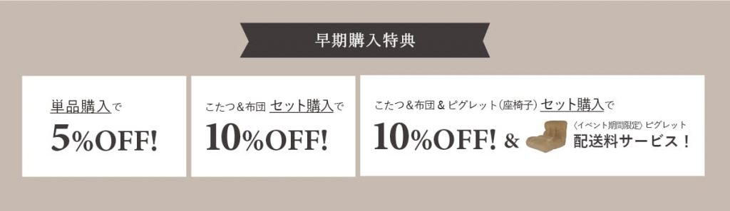 早期購入特典 単品購入で5％オフ こたつ・布団セット購入で10％オフ こたつ・布団・ピグレットセット購入で10％オフ＋ピグレット配送料サービス