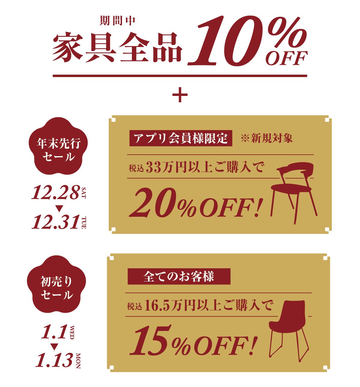 年末先行セール：12/28～31、初売りセール：1/1～13